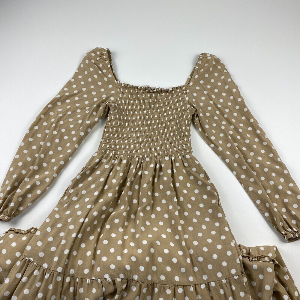Anthropologie Dolan Dress Left Coast Womens Smocked Midi Polka Dot Small Beige - Picture 2 of 11